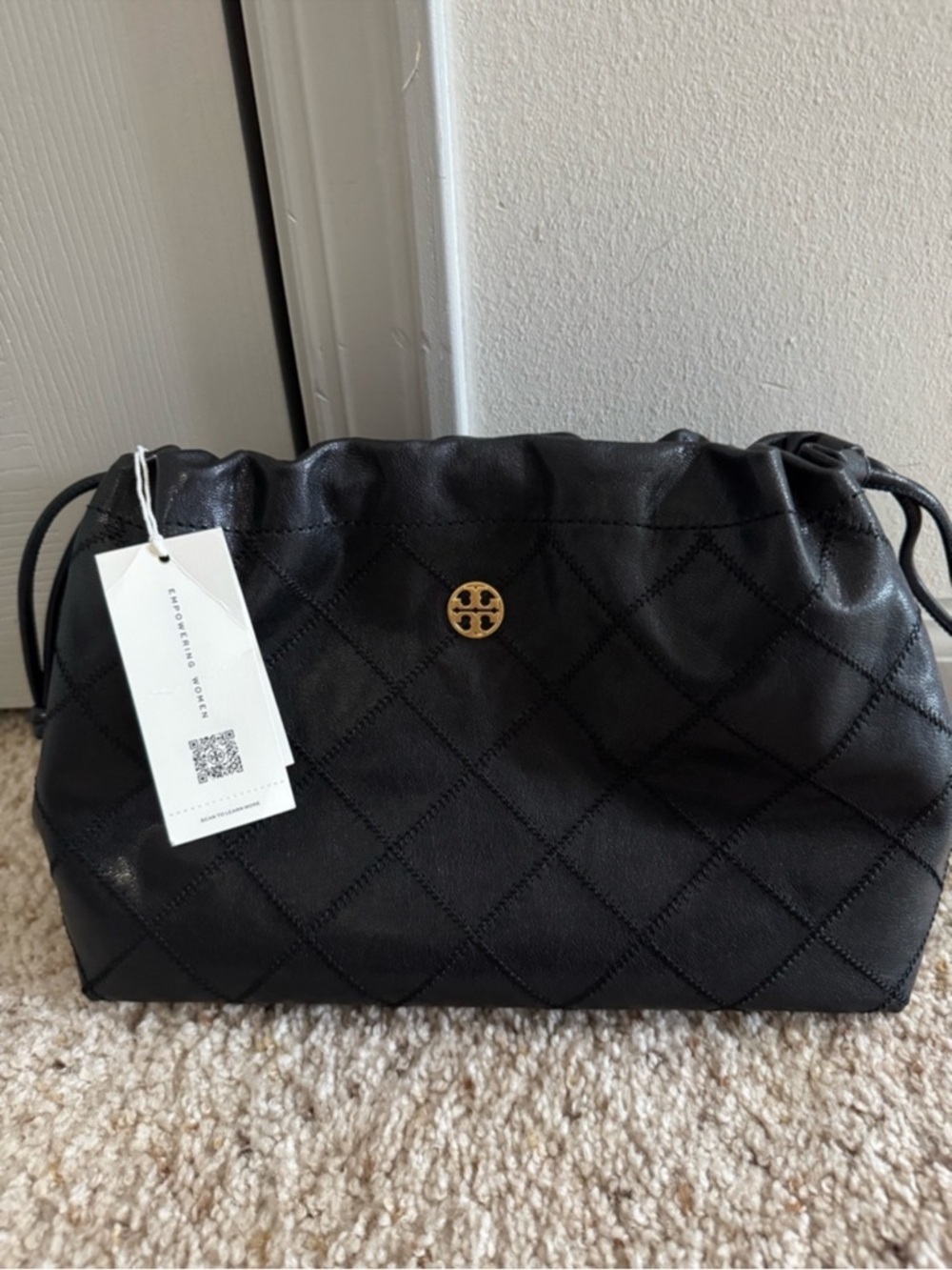 Tory Burch Black Quilted Drawstring Wristlet with Gold Logo